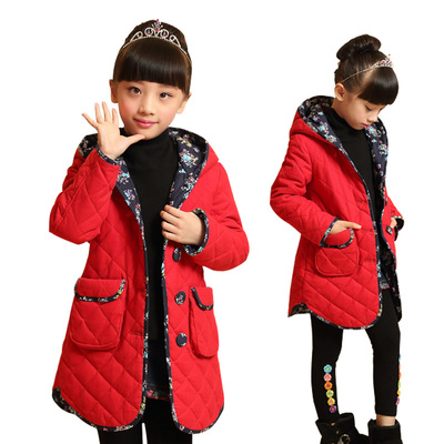 童装冬季女童棉衣中长款2015新款中大童加厚加绒修身连帽棉袄外套