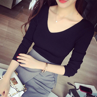 新款2016韩版秋季V领针织衫修身长袖女装百搭上衣显瘦黑色打底衫