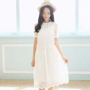 2015夏款韩版甜美蕾丝钩花镂空纯白夏季连衣裙短袖圆领优雅中长裙