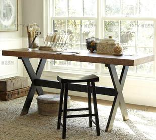 LOFT美式北欧铁艺复古酒吧实木西餐桌椅组合长方形办公桌 书桌