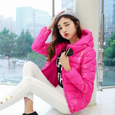 冬装韩版少女初高中学生外套时尚印染短款连帽羽绒棉服14-17岁