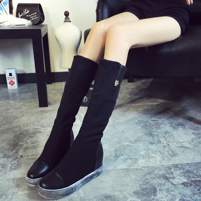 2015韩版街头秋季时尚新款内增高进口弹力布毛绒舒适透气内里长靴