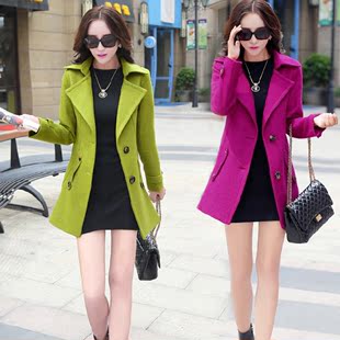 2015秋冬新款韩版修身显瘦中长款毛呢外套女式西装领大码呢子大衣