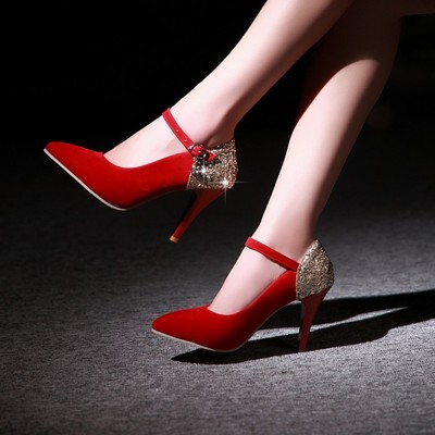 春秋婚鞋高跟新娘鞋尖头绒面鞋红色细跟女鞋大码40-41-43亮片单鞋