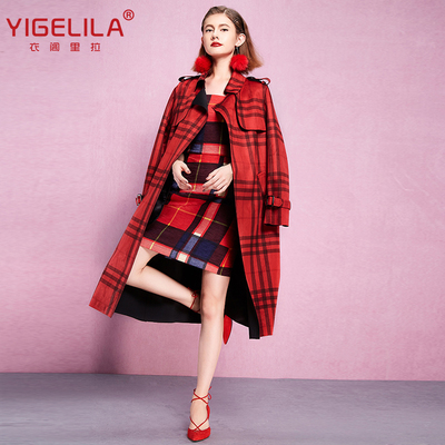 2015秋冬新森系复古英伦风潮流系带红色格子风衣女中长款修身外套