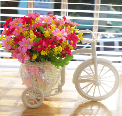 包邮高档藤编欧式花车自行车套装花瓶加仿真花套装成品花艺摆件