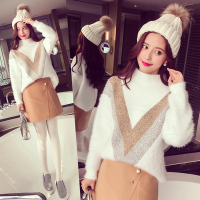 2016冬装新款韩版都市洋气拼色V型马海毛套头毛衣女