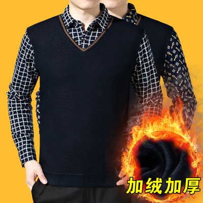 秋冬青年男士保暖衬衫假两件套加绒加厚格子衬衫领毛衣针织衬衣潮