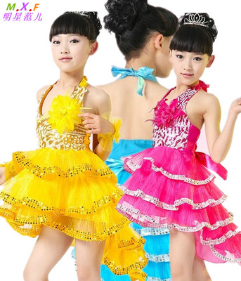 新款儿童女童亮片拉丁舞蹈演出表演服装少儿主持人花童裙走秀幼儿