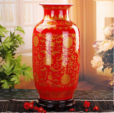 景德镇陶瓷器 中国红描金缠枝莲台面花瓶 婚庆礼品 家居装饰摆件