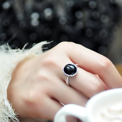 原创设计手工纯天然黑玛瑙叶子925纯银开口可调节戒指食指指环女