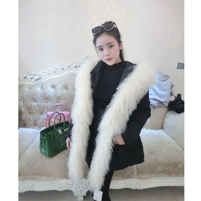 2015新款冬季女士韩版中长款羊摊毛领黑色羽绒服外套加厚显瘦棉衣