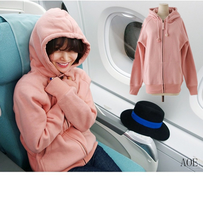 包邮 韩国正品代购女粉色甜美加绒卫衣显瘦连帽开衫减龄必备外套