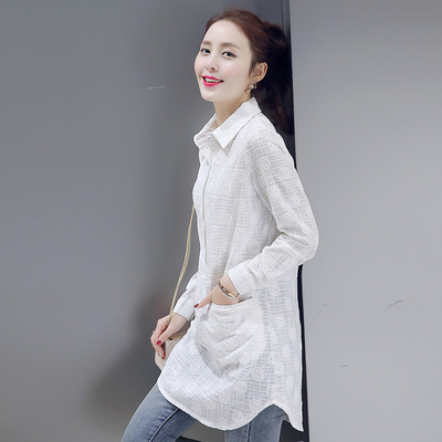韩版修身长袖棉衬衫女 2016春季新款刺绣中长款大码缇花棉布衬衫