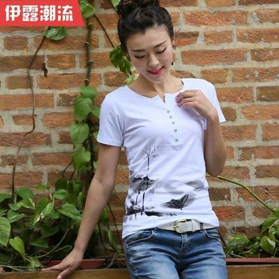 2015夏新款韩版女装短袖印花T恤修身显瘦大码女士白色纯棉女上衣