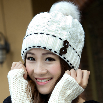 冬季女帽子韩版潮可爱毛线帽 冬天护耳月子帽针织女士纽扣保暖帽
