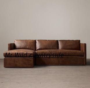 美式复古油蜡皮艺组合沙发欧式全真皮羽绒沙发客L型组合沙发定做