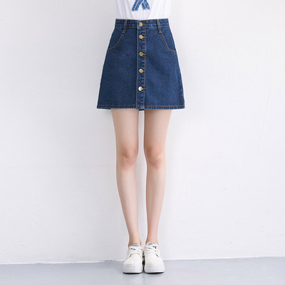 2016年夏季韩版新款单排扣牛仔短裙A字裙高腰显瘦大码学生半身裙