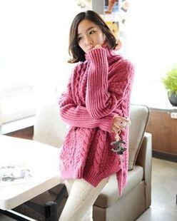 新款韩版麻花编织开叉宽松高领中长款针织套头毛衣女装洪合羊毛衫
