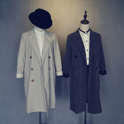 2015新女秋装日系直筒型双排扣中长款西装领风衣外套
