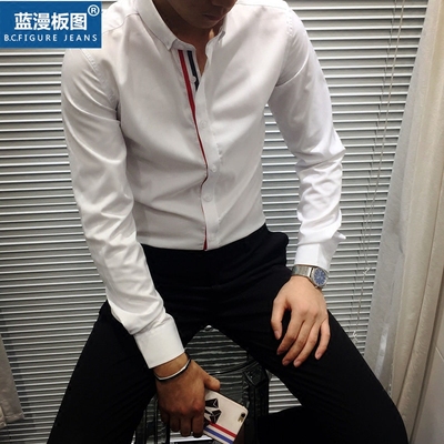 潮TB衬衫余文乐杨洋同款衬衫修身长袖情侣衬衫红白蓝条纹衬衫免烫