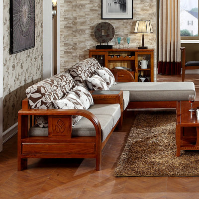 水曲柳沙发 现代中式全实木客厅沙发组合 水曲柳转角沙发带贵妃位