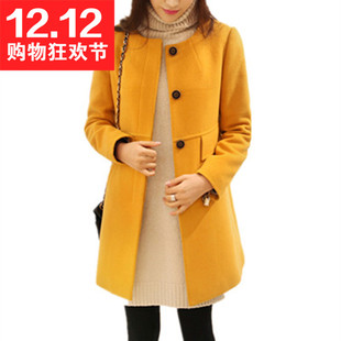 冬新款韩版女装修身显瘦a字版圆领长袖羊毛呢子大衣中长款外套