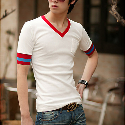 2015夏季款韩版男士短袖T恤 男修身彩色V领休闲T恤 男式T恤短袖