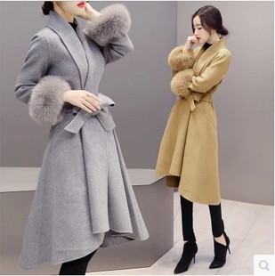 2016冬装新款韩版修身显瘦狐狸毛中长款毛呢外套女羊毛呢子大衣潮