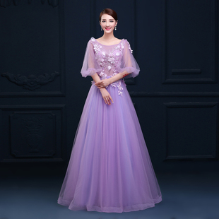2015新款 紫色露背新娘敬结婚敬酒服晚宴年会演出主持人长款婚纱