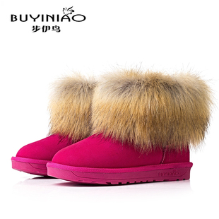 仿狐狸毛加厚橡胶平底雪地靴短筒红色长毛绒棉靴防滑保暖加绒女鞋