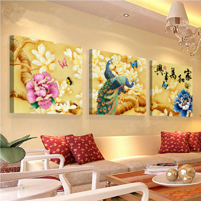 家和孔雀无框画中式客厅装饰画壁画卧室挂画现代沙发背景墙画三联