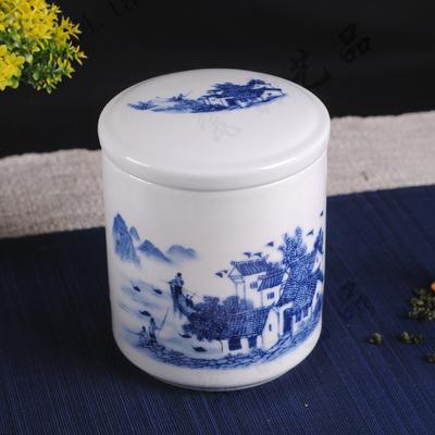 大号陶瓷茶叶罐 密封罐 青花瓷罐子 直筒陶瓷罐 茶叶包装罐陶瓷
