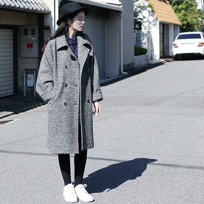 2015冬季新款日系文艺复古羊毛呢子大衣 宽松中长款毛呢外套女