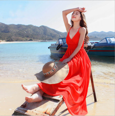 2015夏季新款波西米亚连衣裙雪纺吊带沙滩裙背心裙纯色大摆长裙子