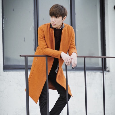 韩版中长款宽松羊毛呢大衣男2015春季新款男装英伦风男士外套
