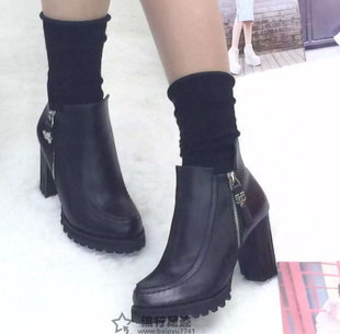 2015秋冬韩版潮女短靴 圆头防水台粗跟侧拉链加绒高跟真皮马丁靴