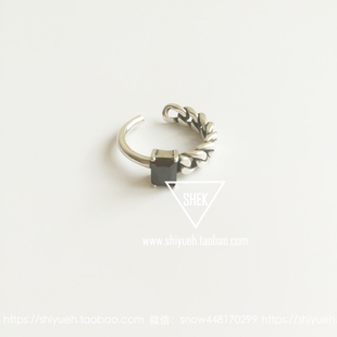 新款韩版925纯银戒指黑玛瑙链条不规则不对称复古泰银开口戒礼物