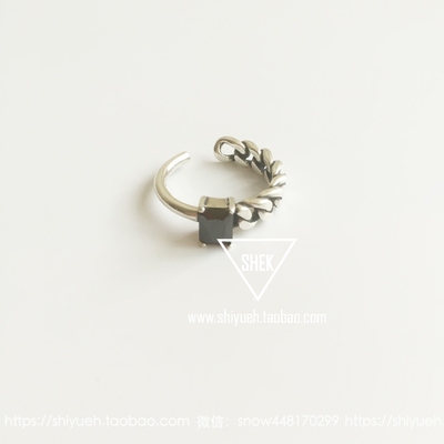 新款韩版925纯银戒指黑玛瑙链条不规则不对称复古泰银开口戒礼物