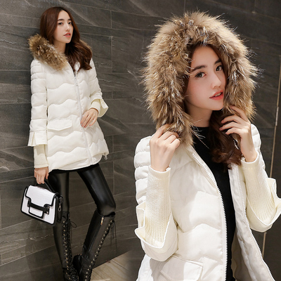 2015新款女装冬装貉子毛领连帽保暖时尚棉服韩版修身拼接袖子棉衣