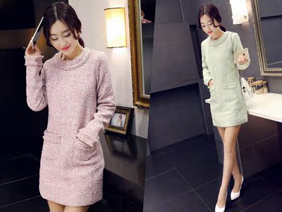 2015秋季韩版女装修身口袋毛呢连衣裙 冬款裙子中长款长袖打底裙