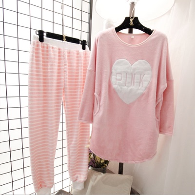 韩版pink可爱大桃心加厚睡衣套装珊瑚绒法兰绒长袖家居服女秋冬季