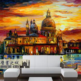欧式印象夕阳油画墙纸意大利威尼斯贡多拉教堂壁纸大型壁画背景墙