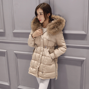 2015冬季新款韩版女式连帽加厚修身貉子毛领大毛领女羽绒服中长款
