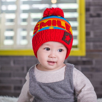 儿童帽子秋冬款加绒帽潮smile字母针织毛线帽 婴儿帽子保暖套头帽