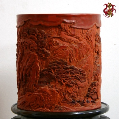 扬州漆雕网纯雕漆剔红山水大笔筒高档收藏珍品三年制作周期实物拍