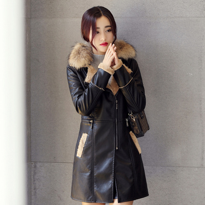 2015冬装新款韩版修身时尚加绒加厚中长款PU皮衣女棉衣外套夹克潮