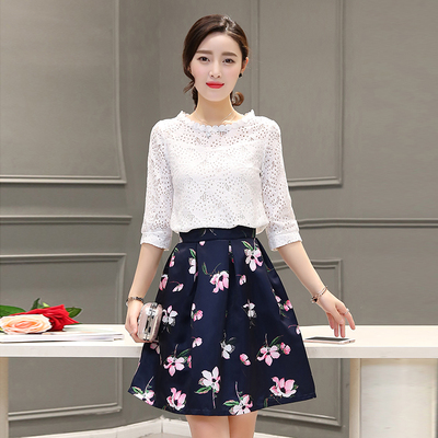 2016夏季新款韩版大码女士七分袖蕾丝镂空印花套装裙两件套a字裙
