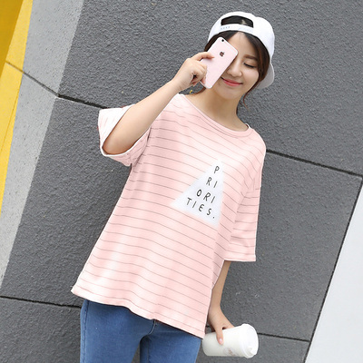 2016夏季新款韩版宽松百搭上衣细条纹纯棉短袖T恤女打底衫
