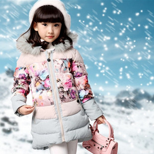 女童加厚保暖花朵棉衣中长款韩版冬季修身中大童连帽保暖棉服外套